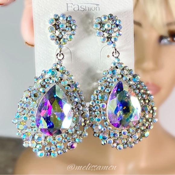 AB Crystal Sparkly Drop Chandelier Formal Earrings Pageant Bridal Occasi… - Picture 3 of 7